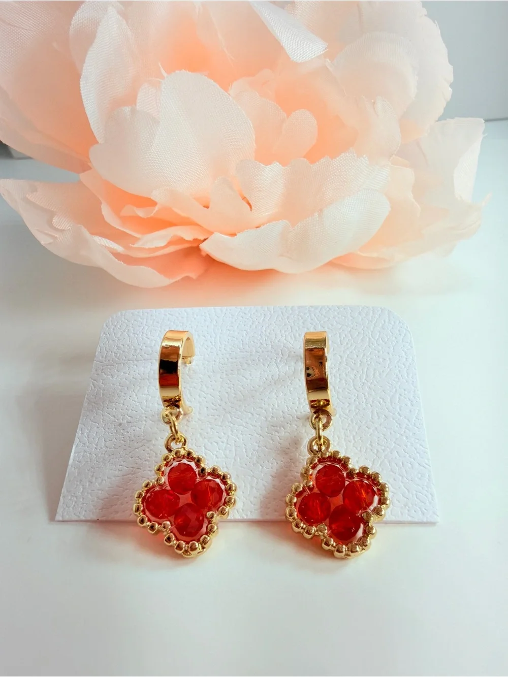 Gold Hoop Earrings with Red Crystal Clover Drops